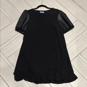 Black Short Sleeve Dress with Ruffle Hem and leather sleeves
